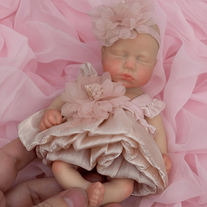 6 Inches Closed Eyes Mini Silicone Loulou Reborn Doll Girl In Pink Dress