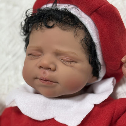 19 Inches Lifelike Closed Eyes Dark Skin Reborn Doll In Christmas Clothes-Pascale