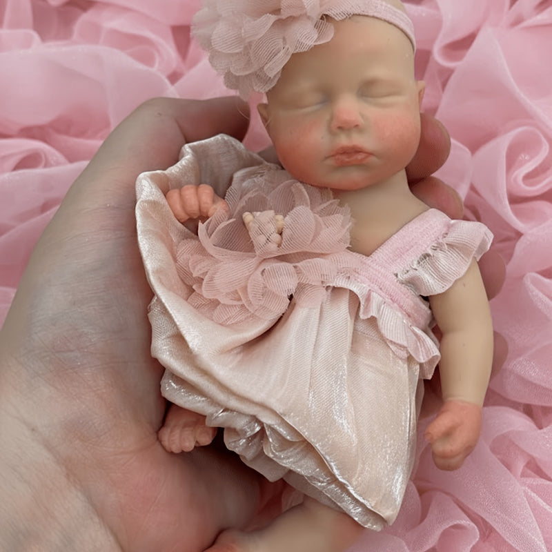 6 Inches Closed Eyes Mini Silicone Loulou Reborn Doll Girl In Pink Dress