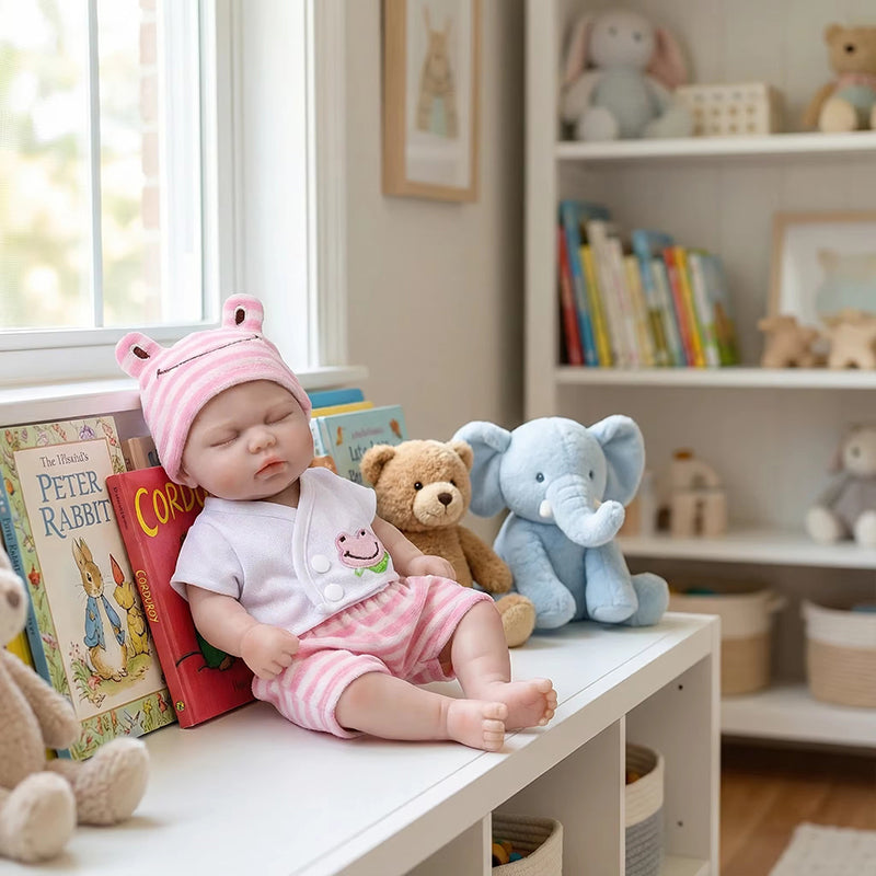 30cm Full Silicone Closed Eyes Reborn Doll Girl Pickle in Pink Frog Outfits
