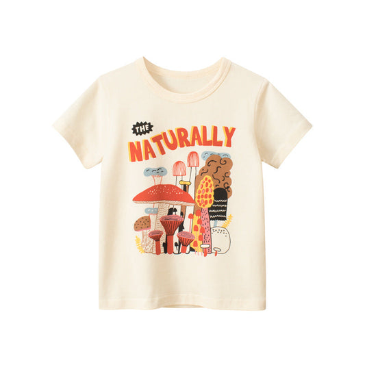 Apricot cartoon print short-sleeved T-shirt