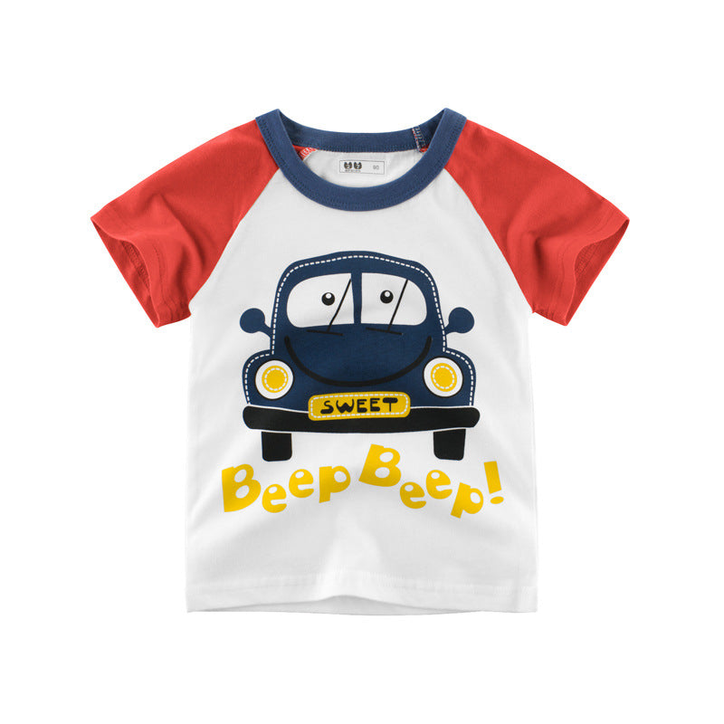 Cartoon Car Color Block Short Sleeve T-Shirt