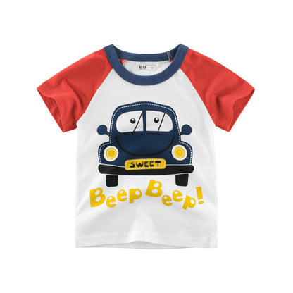 Cartoon Car Color Block Short Sleeve T-Shirt