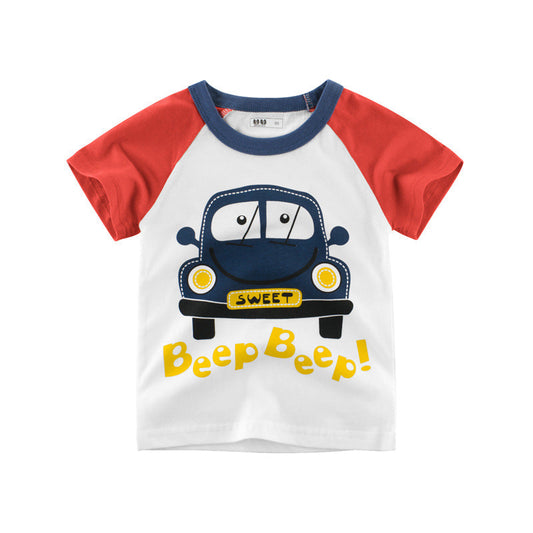 Cartoon Car Color Block Short Sleeve T-Shirt