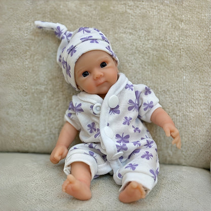20cm Open Eyes Silicone Mini Bettie Reborn Baby Girl In Purple Floral Jumpsuits
