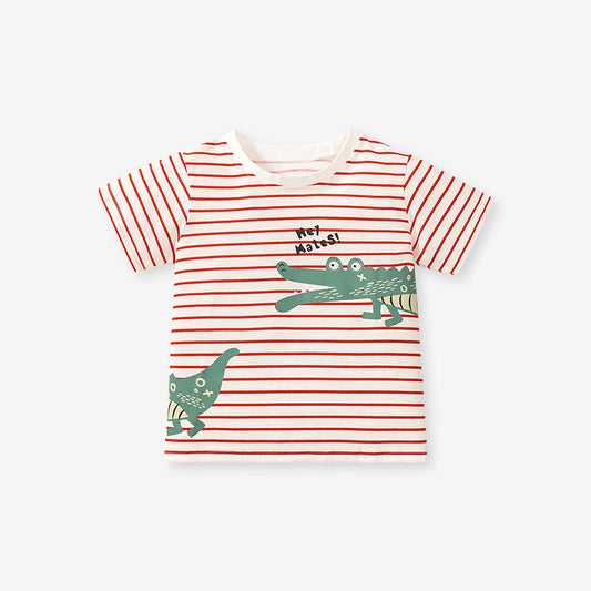 Girls' Cotton Cartoon Crocodile Striped Short Sleeve T-shirt, Crew Neck