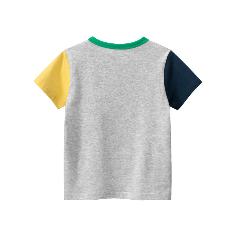 Color Block Crew Neck Short Sleeve T-Shirt with Train Pattern