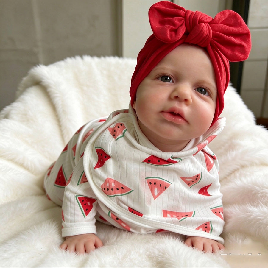 45cm Silicone Stretchable Loulou Reborn Baby Girl in Watermelon-print swaddle