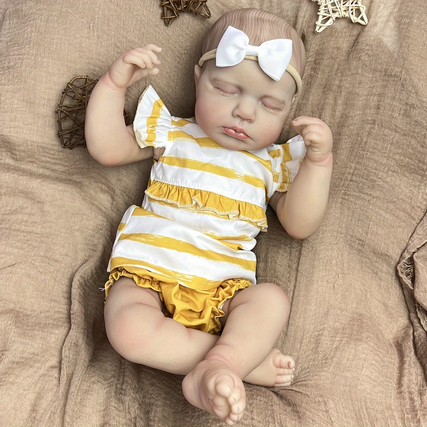 20 Inches 3D Skin Closed Eyes Loulou Reborn Baby Girl In Yellow Stripe Clothes