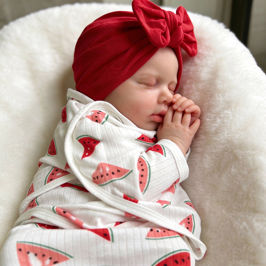 45cm Silicone Stretchable Loulou Reborn Baby Girl in Watermelon-print swaddle