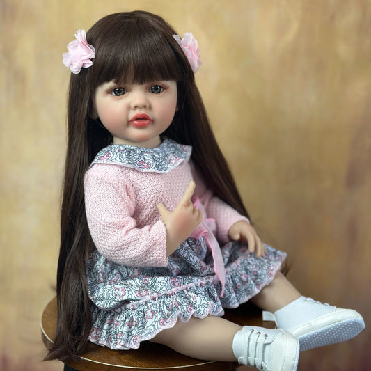 55cm Open Eyes Long Brown Hair Reborn Doll Girl Betty