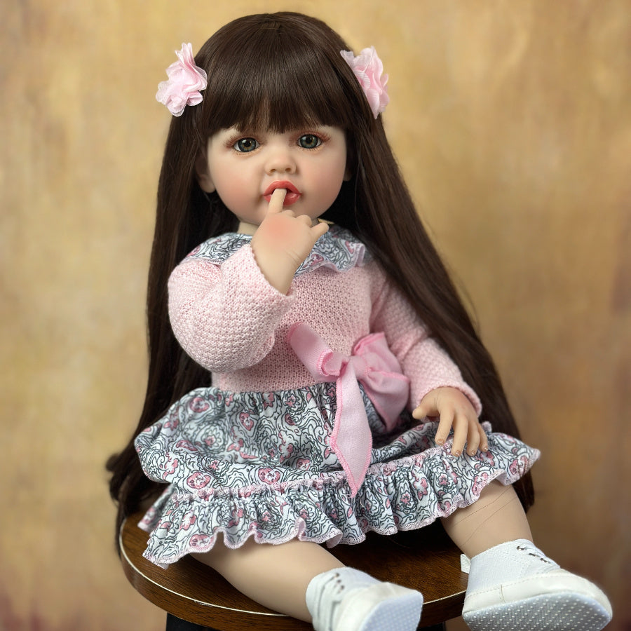 55cm Open Eyes Long Brown Hair Reborn Doll Girl Betty