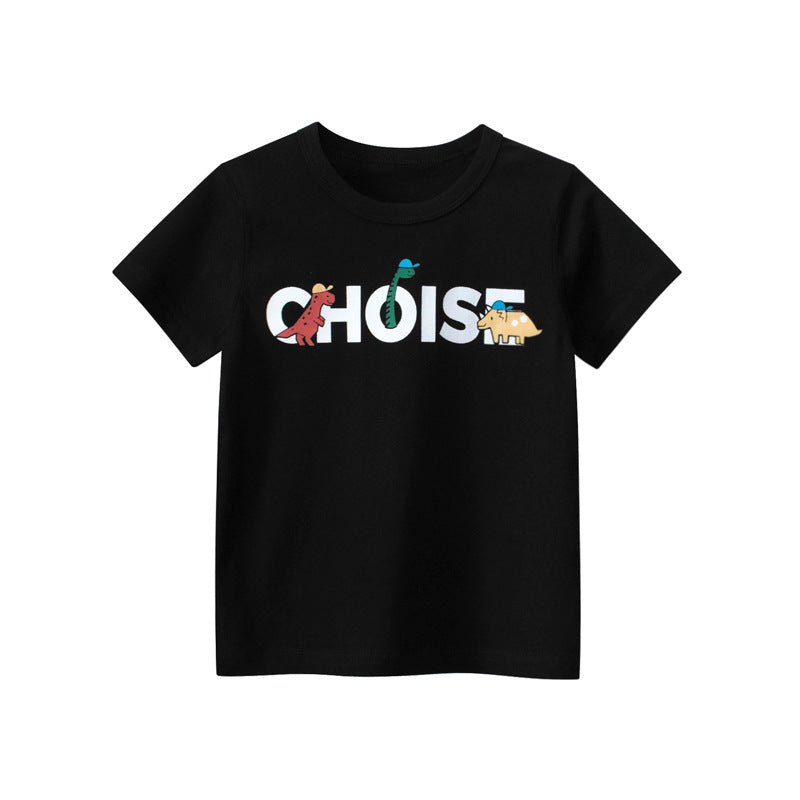 Solid Color Dinosaur Letter Round Neck Short Sleeve T-Shirt
