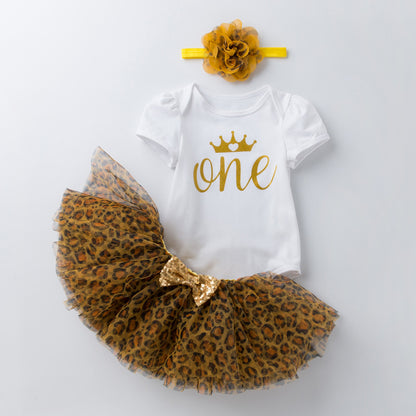 Cute cartoon letters Print jumpsuit leopard skirt 3-piece set for 22-24 Inches Dolls