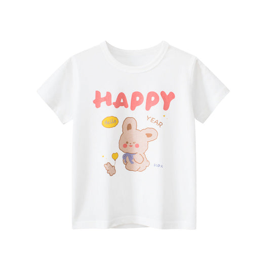 White Bear Cartoon Crew Neck Short Sleeve T-Shirt