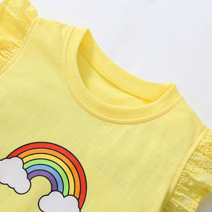 Girls' Rainbow Short Sleeve T-Shirt with Flying Sleeves