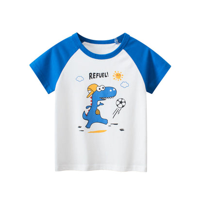 Cartoon Dinosaur Color Block Short Sleeve T-Shirt