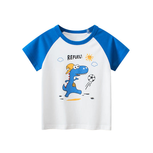 Cartoon Dinosaur Color Block Short Sleeve T-Shirt
