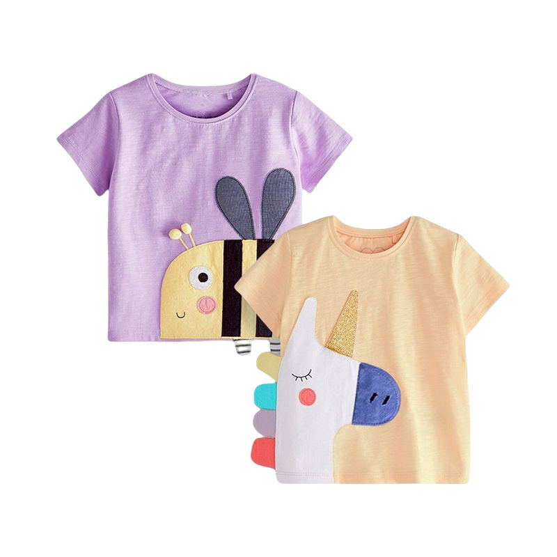 Girls' T-shirt, round neck short sleeve, sweat-absorbent cartoon cotton