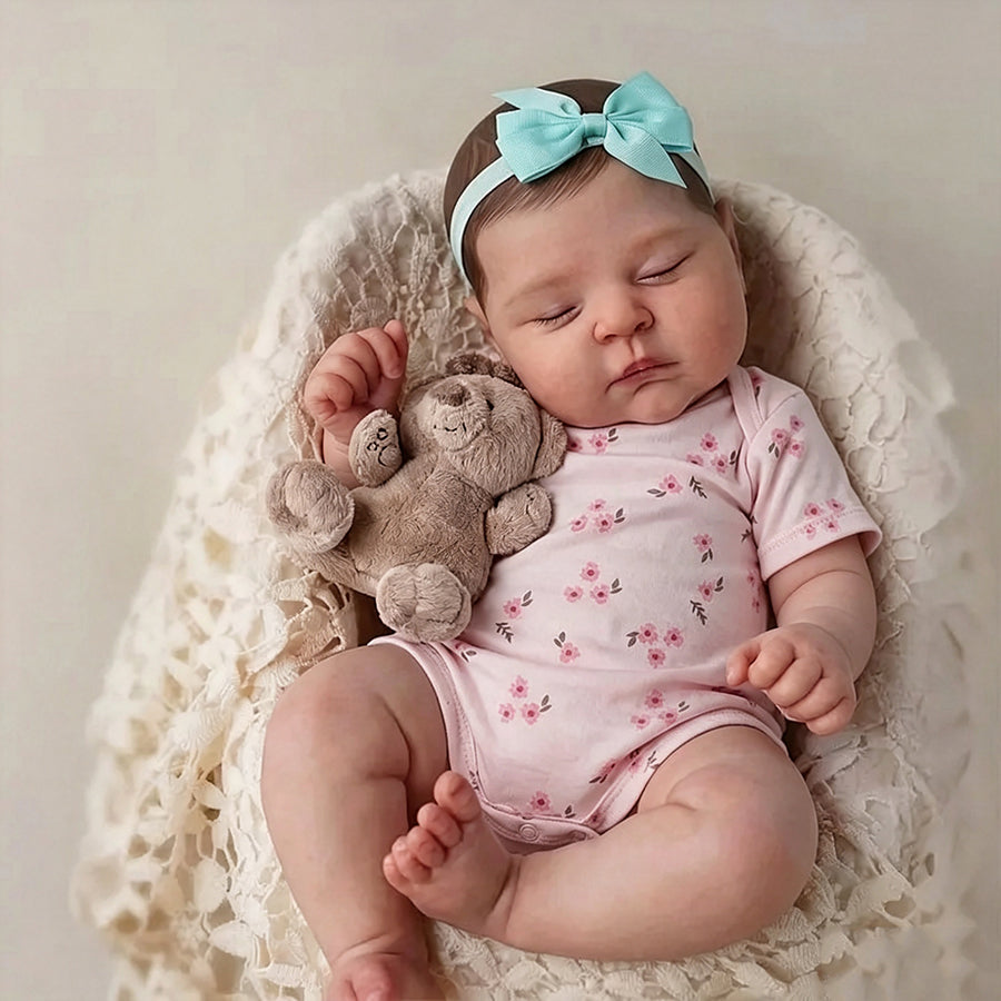 20 Inches 3D Skin Closed Eyes Reborn Baby Girl In Pink Floral Clothes- Peaches
