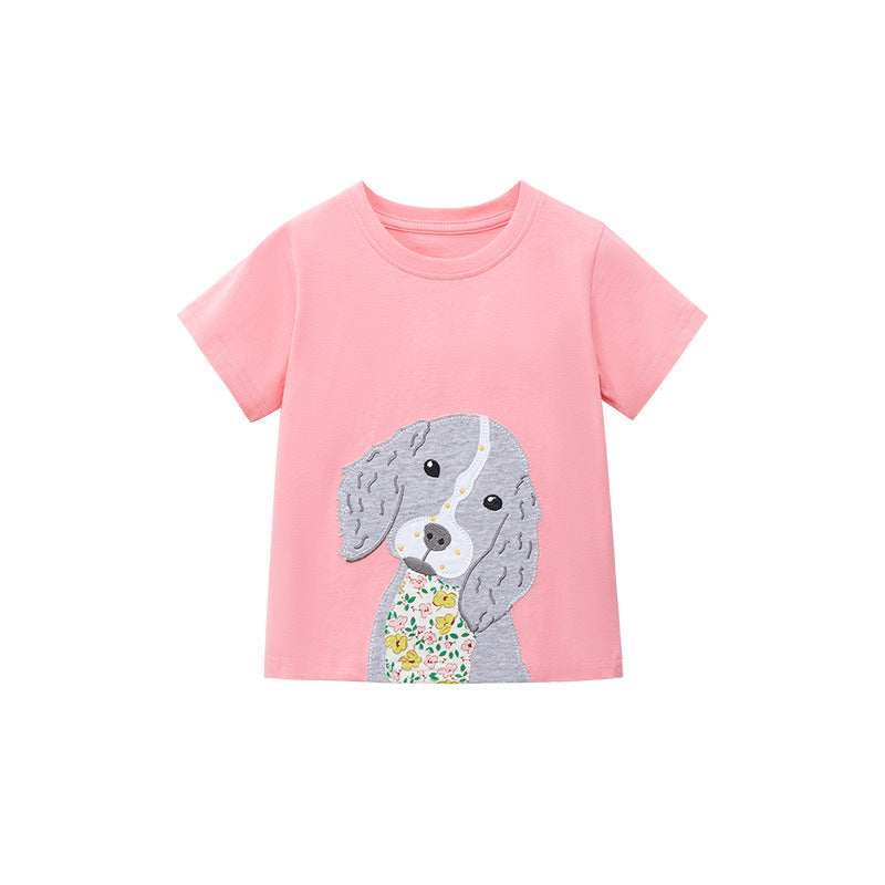 Cartoon Puppy Cotton Round Neck Short Sleeve T-shirt for Girls