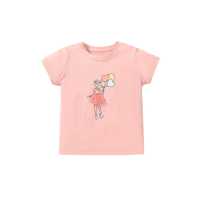 Girls' Cotton Mesh Floral Print Round Neck Short Sleeve T-Shirt