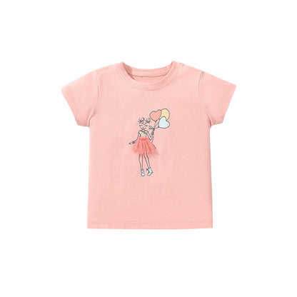 Girls' Cotton Mesh Floral Print Round Neck Short Sleeve T-Shirt