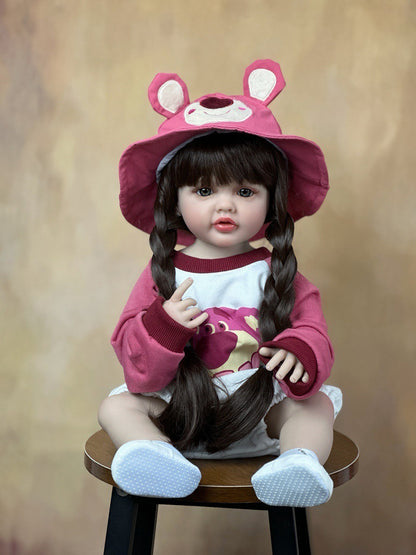 55cm Open Eyes Long Hair Reborn Baby Girl In Strawberry Bear Clothes Set-Betty