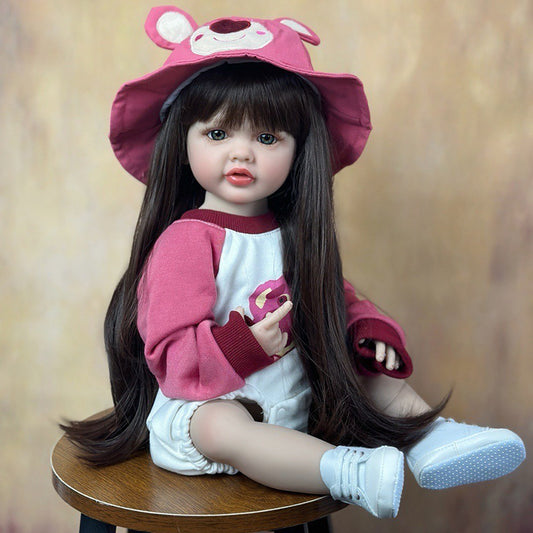 55cm Open Eyes Long Hair Reborn Baby Girl In Strawberry Bear Clothes Set-Betty