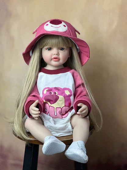 55cm Open Eyes Long Hair Reborn Baby Girl In Strawberry Bear Clothes Set-Betty