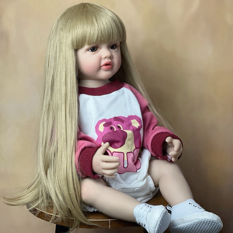 55cm Open Eyes Long Hair Reborn Baby Girl In Strawberry Bear Clothes Set-Betty