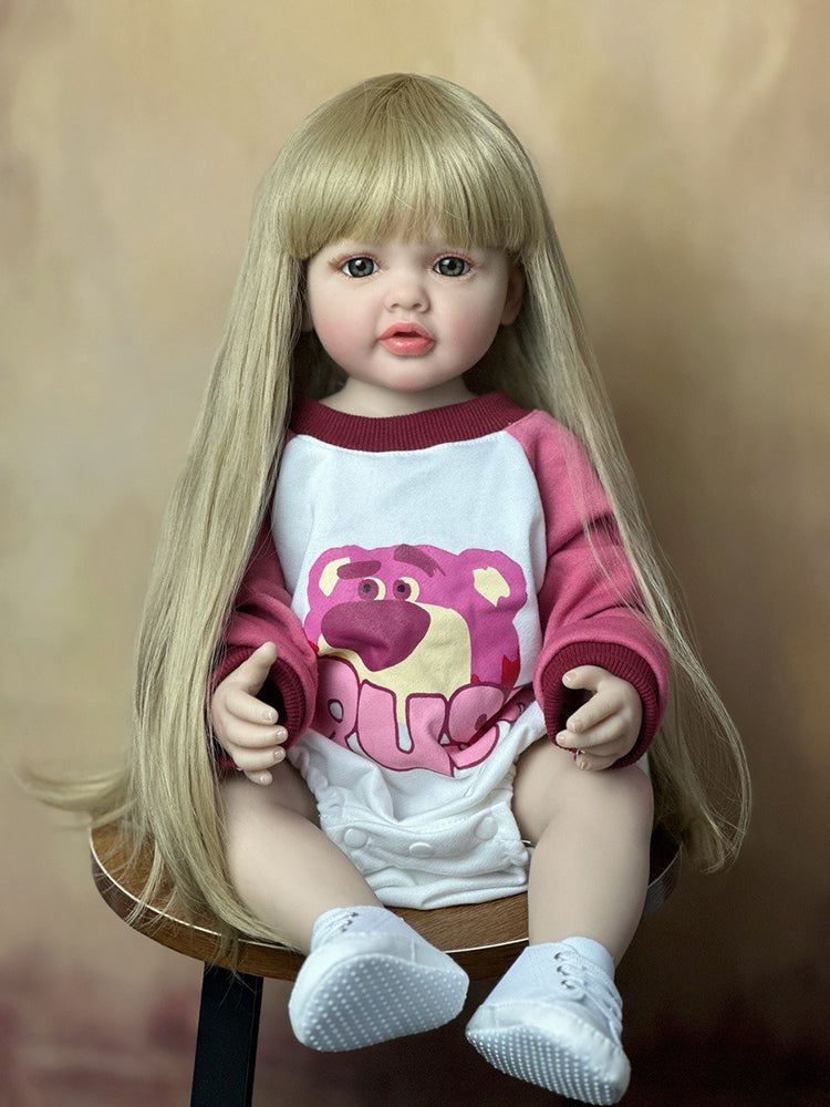55cm Open Eyes Long Hair Reborn Baby Girl In Strawberry Bear Clothes Set-Betty