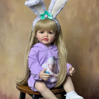 55cm Open Eyes Long Hair Reborn Baby Girl In Purple Clothes and bunny ear headband-Betty