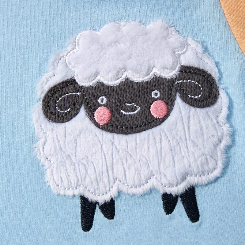 Color block round neck short sleeve T-shirt with cartoon sheep