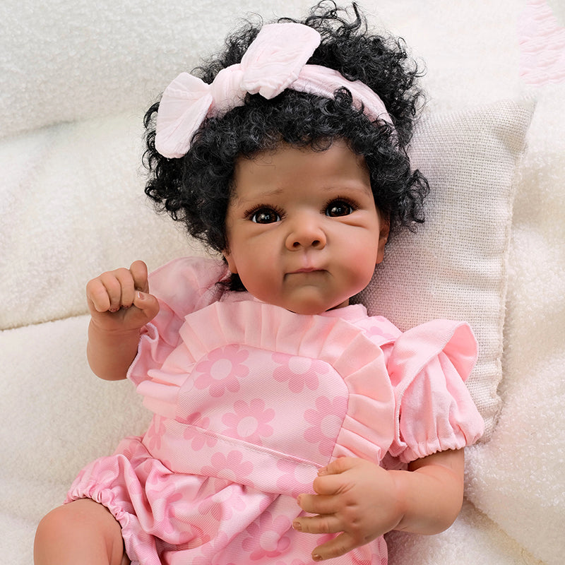 18 Inches Open Eyes Curly Hair Dark Skin Reborn Baby Girl-Bettie