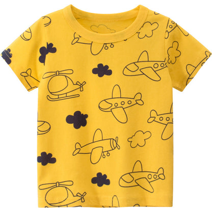 Yellow Cloud and Airplane Motif Crew Neck Short Sleeve T-Shirt