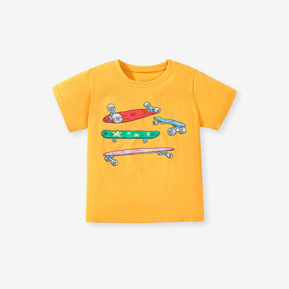 Boys' Short Sleeve T-Shirt with Skateboard Print in Cotton