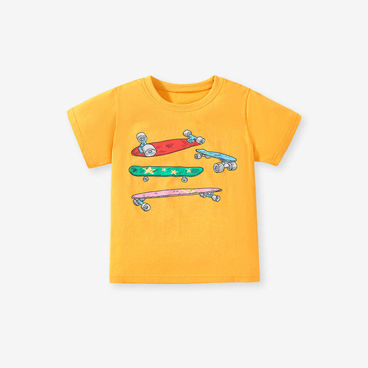 Boys' Short Sleeve T-Shirt with Skateboard Print in Cotton