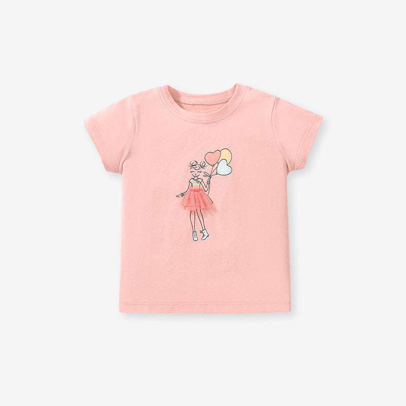 Girls' Cotton Mesh Floral Print Round Neck Short Sleeve T-Shirt