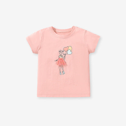 Girls' Cotton Mesh Floral Print Round Neck Short Sleeve T-Shirt