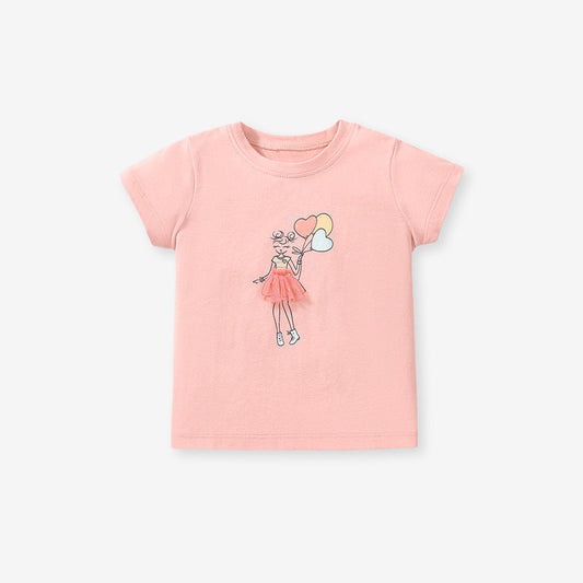 Girls' Cotton Mesh Floral Print Round Neck Short Sleeve T-Shirt
