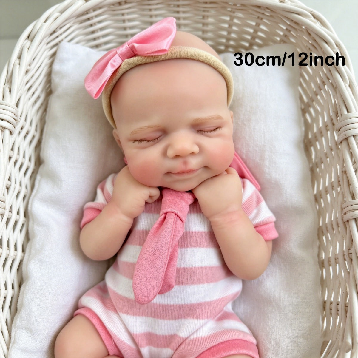 30cm Full Silicone Asleep Pascale Reborn Doll Girl In Pink Stripe Outfits