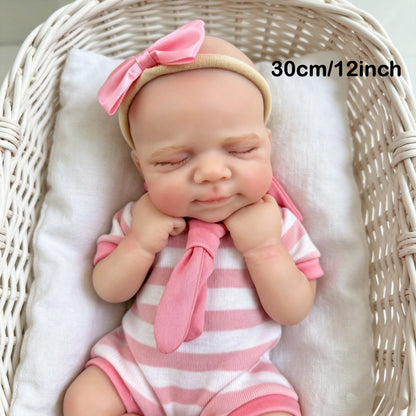 30cm Full Silicone Asleep Pascale Reborn Doll Girl In Pink Stripe Outfits
