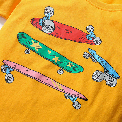 Boys' Short Sleeve T-Shirt with Skateboard Print in Cotton