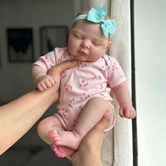 20 Inches 3D Skin Closed Eyes Reborn Baby Girl In Pink Floral Clothes- Peaches