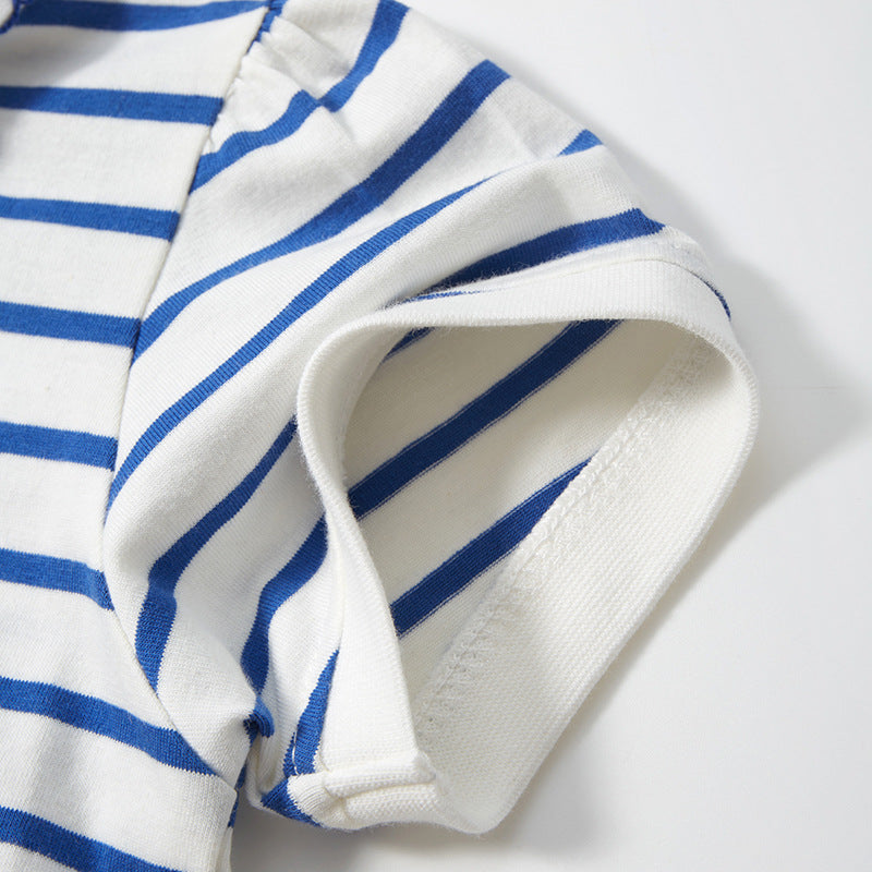 Girls' Short Sleeve Striped T-Shirt with Lace Collar