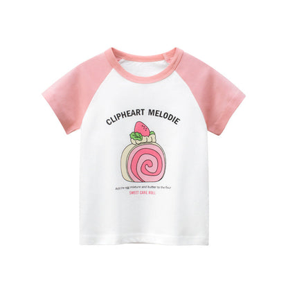 Short sleeve T-shirt combined with round neck with cake flowers