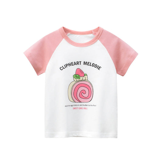 Short sleeve T-shirt combined with round neck with cake flowers