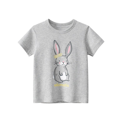 Gray Cartoon Rabbit Crew Neck Short Sleeve T-Shirt