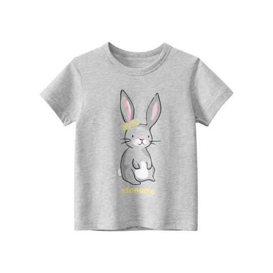 Gray Cartoon Rabbit Crew Neck Short Sleeve T-Shirt